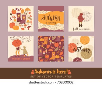 Set of autumn templates. Vector design for card, poster, flyer, web and other users. Trendy hand drawn textures.