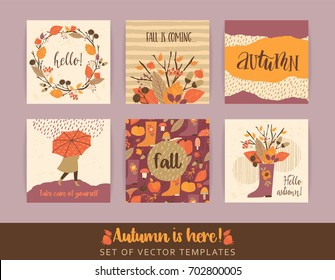 Set of autumn templates. Vector design for card, poster, flyer, web and other users. Trendy hand drawn textures.