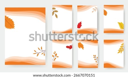 Set of autumn text document layouts in uniform style. Blank A4 page template with falling foliage and orange stripes. Group of backgrounds with abstract neutral decor, vector graphics