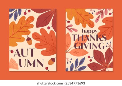 Setzen Sie Herbst und Thanksgiving Tag saisonale Plakate mit Blättern, Eicheln, Beeren, Pflanzen in Herbstfarben.Vektorgrafiken für Feiertage.Herbst Thanksgiving Vorlagen für Ausdrucke,Anzeige,smm,Branding,Verpackung,Abdeckungen