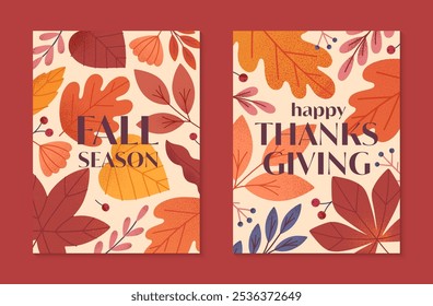 Set autumn and thanksgiving day seasonal posters with leaves,berries,plants in fall colors.Vector holiday illustrations.Autumn thanksgiving templates for prints,ad,smm,branding,packaging,covers