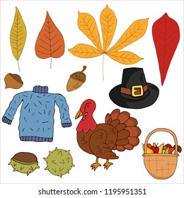 Set of autumn and Thanksgiving Day vector objects. Leaves, acorn and chestnut nut, turkey, pilgrim's hat, pullover, wicker basket filled fruits and mushrooms. 
