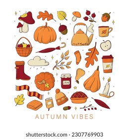 set of autumn and thanksgiving doodles, clip art, cartoon elements for stickers, sublimation prints, cards, posters, icons, etc. EPS 10