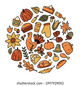 set of autumn and Thanksgiving doodles for stickers, prints, cards, planners, signs, logos, icons, etc. Hand drawn cartoon elements. EPS 10