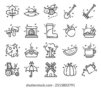 Set of Autumn Thanksgiving Minimal Flat Line Stroke Icon