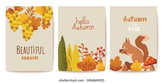 Set of autumn thematics cards. Grapes, bushes, leaves, twigs, squirrel, mushrooms and acorn. Vector