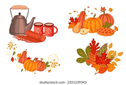 Set of autumn theme objects vector illustration isolated on white background