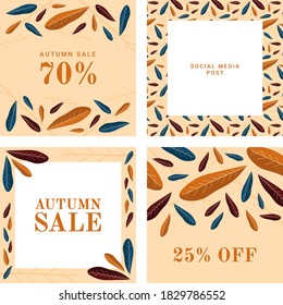 Set of autumn theme templates for social media, mobile apps, banners, ads. Brown abstract square art templates with floral elements, colorful pyracantha leaves.