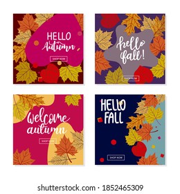 Set of autumn theme templates for social media, mobile apps, banners, ads. Blue abstract square art templates with floral elements.