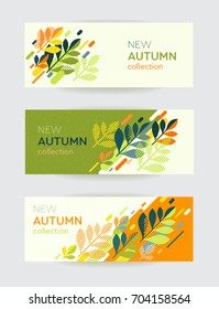 Set of autumn themed banners. Colorful leaves and geometric forms on contrast background. Seasonal sale posters, web advertising, promotion template. Trendy flat style vector.