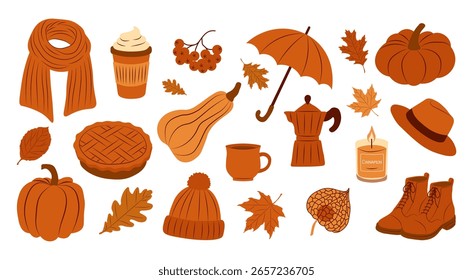 Set von Herbst-Themen gemütliche Elemente. Perfekt für Herbstdesigns, Thanksgiving-Dekorationen, Grußkarten, Poster und Grafiken in den sozialen Medien. Vektorgrafik