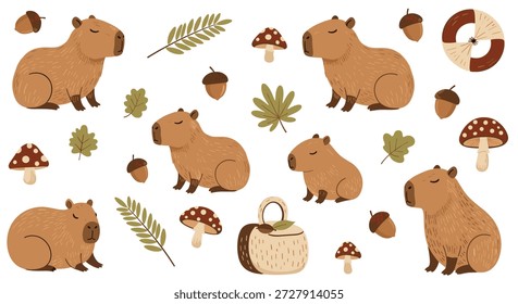 Conjunto de ilustrações temáticas de outono com capibaras, bolotas, cogumelos, cestos e folhas caindo em branco.