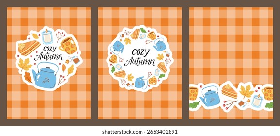A set of autumn themed sale posters with colorful patterns with cozy fall elements, Cozy Autumn, perfect for seasonal promotions. Autumn sale text. Vector illustration
