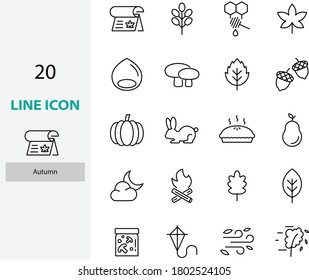 set of autumn thin line icons, mid autumn, leaves, maple