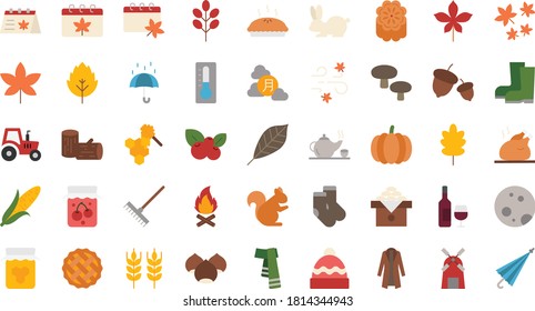 set of autumn thin line icons, maple, leave, mid autumn