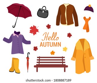 Set of autumn things isolated on a white background. Autumn clothes, umbrellas, bench and leaves. Elements for your design