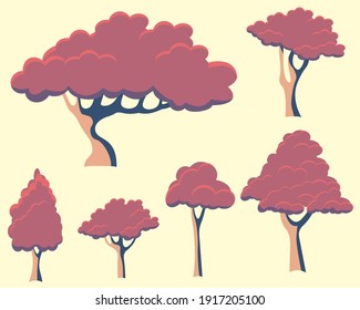 Set of autumn trees. Apple tree, Oak tree, Rowan, Red maple, Horse chestnut tree, Sakura, Ginkgo biloba, Japanese maple, Birch. Vector illustration EPS10