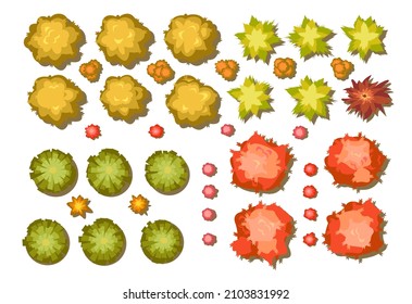 Set of autumn trees and beshes. For Landscape top view. Scene with yellow and orange plants from height. Above countryside. Isolated on white background. Cartoon style illustration. Vector