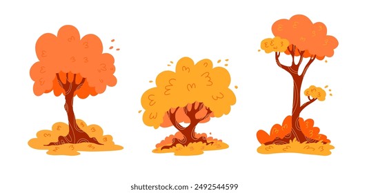 Set autumn trees. Cartoon yellow orange fall trees and autumn garden icon with fall season gold leaves for city park and forest landscape background vector isolated illustration