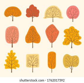 set of autumn trees drawings on white, with various shapes. vector illustration 