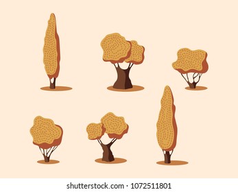 Set of autumn trees. Elements of the park, landscape, garden. Vector illustration.