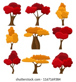 Set autumn trees in flat style. Cartoon garden yellow and red tree. Nature environment organic. Cartoon tree autumn season gold leaves for city park and forest landscape.