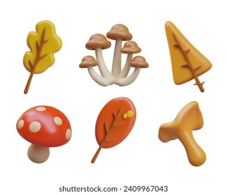 Set von Herbstbäumen und Waldpilzen. Vektorrealistische Illustration in hellen Farben. Vorlagen für saisonales Design, Webdekorationen, Landschaften. Illustrationen für Kinder im Online-Spiel