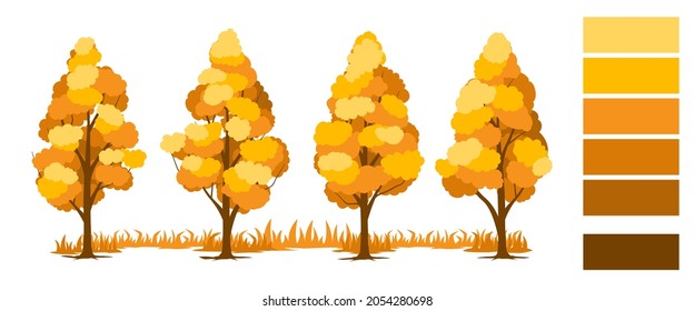 Set of autumn trees with grass. Vector illustration