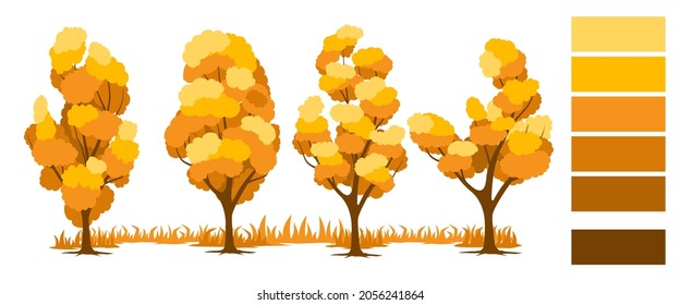 Set of autumn trees with grass. Vector illustration