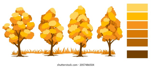 Set of autumn trees with grass. Vector illustration