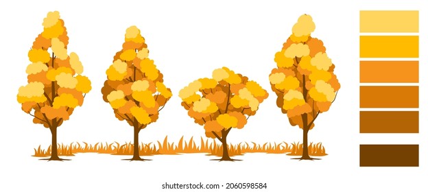 Set of autumn trees with grass. Vector illustration