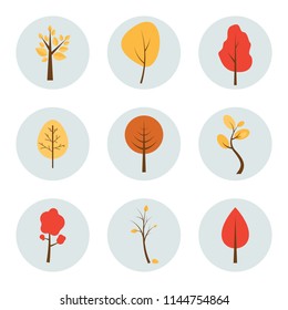 Conjunto de iconos de árboles de otoño en estilo plano aislado en fondo blanco. Colección de símbolos de árboles de otoño ilustración vectorial.