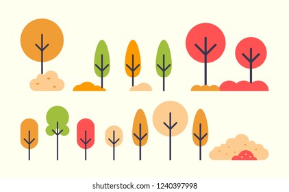 Set of autumn trees icons in flat style. Autumnal plants in abstract design, fall bushes, maple and birch foliage, oak and chestnut samples, vector isolated