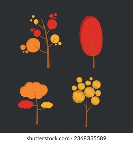 Set of autumn trees icons on a black background. Vector illustration.