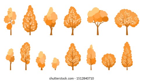 Set of autumn trees with leaves. Vector illustration