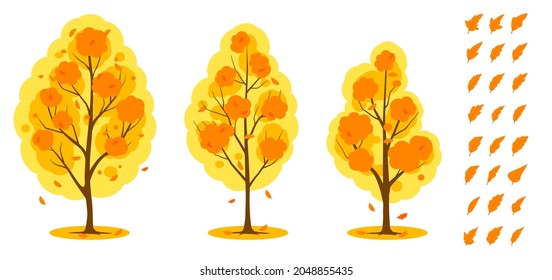Set of autumn trees with leaves. Vector illustration