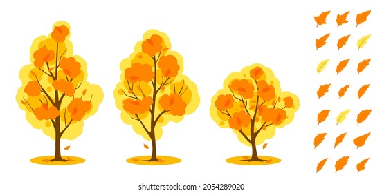 Set of autumn trees with leaves. Vector illustration