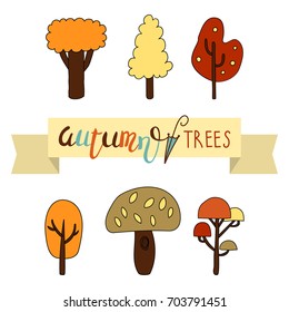 Set of autumn trees with autumn trees lettering. Vector illustration.