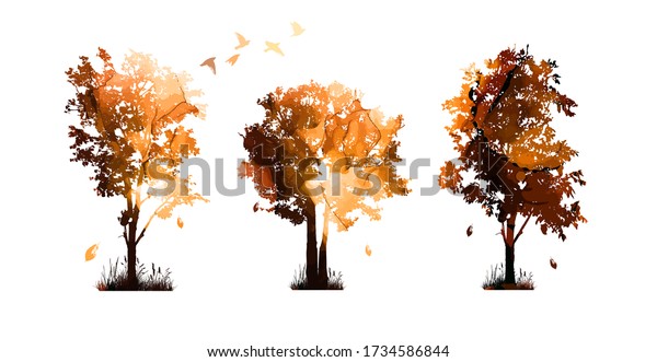 Set Autumn Trees Mixed Media Vector Stock Vector (Royalty Free ...