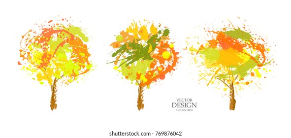 Set of autumn trees and paint blot, splashes, drops 
