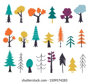 Set of autumn trees red, yellow, green. Hand drawn in a flat style. Autumn graphic design elements. Vector illustration isolated on a white background.