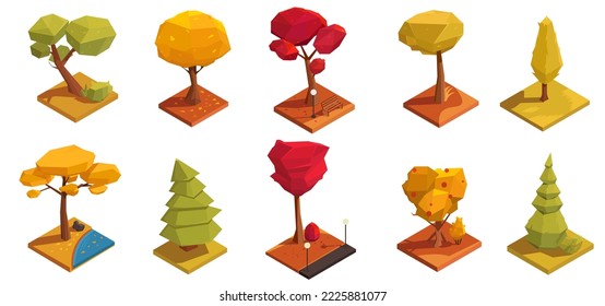 Set of autumn trees in various colors and different crowns. Forrest plants in polygonal, geometric, 3d isometric concept. Design element for graphic city map park and garden. Vector illustration