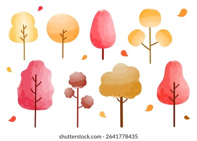 set of autumn trees in watercolor style