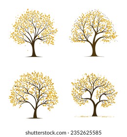 Set of autumn trees with yellow leaves isolated on white background