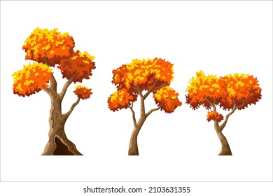 Conjunto de árboles de otoño con follaje amarillo-naranja al estilo de las caricaturas. Ilustración plana vectorial para juegos, animación, libros