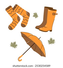 Set of autumn trendy stickers in yellow colors on a white background. Vector illustration of an umbrella, socks, boots, maple leaves for autumn posters, banners, cards in a flat, minimalistic style.