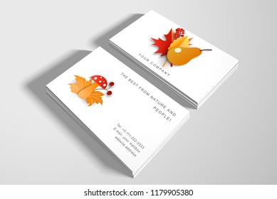 Set of autumn two business cards with leaves, fruits and mushrooms. Paper art