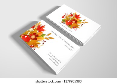 Set of autumn two business cards. A beautiful bouquet of leaves, flowers, seeds and fruits. Paper art