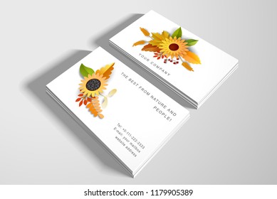 Set of autumn two business cards. Beautiful elements of leaves, sunflowers and berries. Paper art