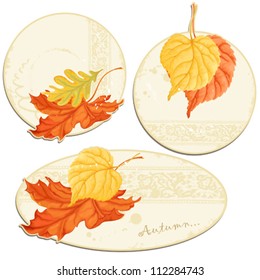 Set autumn vector cards with leaves of an oak, linden and maple